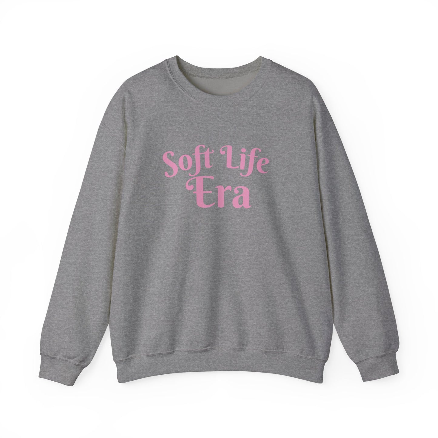 Soft Life Era Crewneck Sweatshirt — Cozy Pastel Pink Slogan Pullover