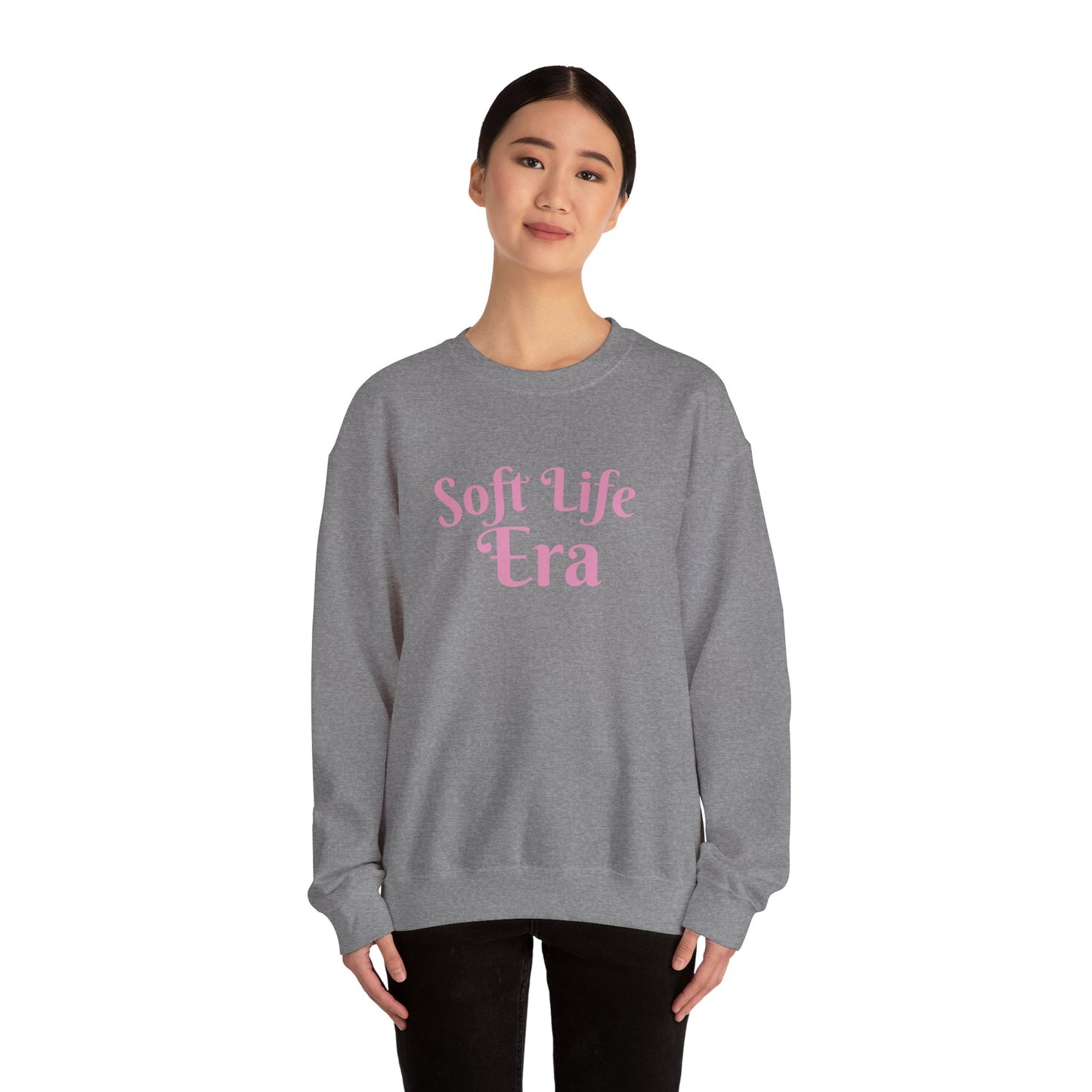 Soft Life Era Crewneck Sweatshirt — Cozy Pastel Pink Slogan Pullover