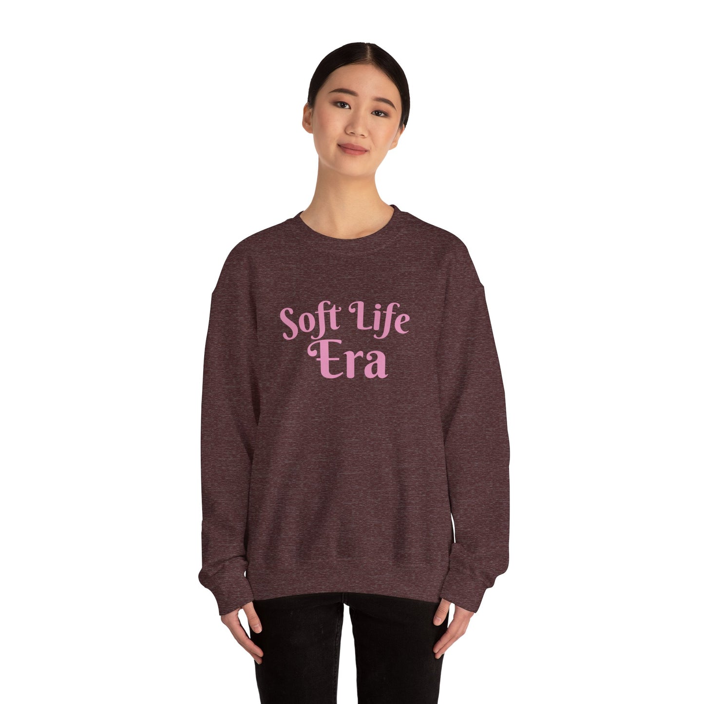Soft Life Era Crewneck Sweatshirt — Cozy Pastel Pink Slogan Pullover
