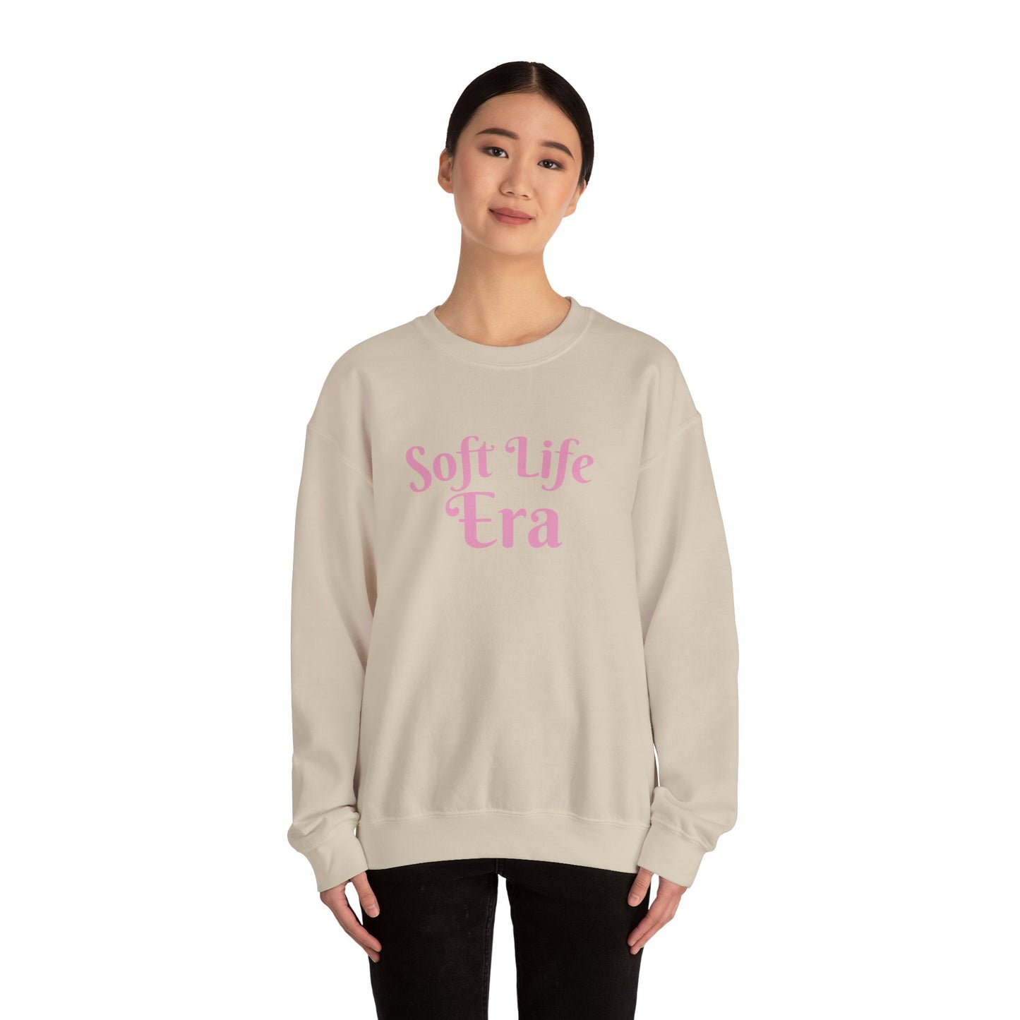 Soft Life Era Crewneck Sweatshirt — Cozy Pastel Pink Slogan Pullover