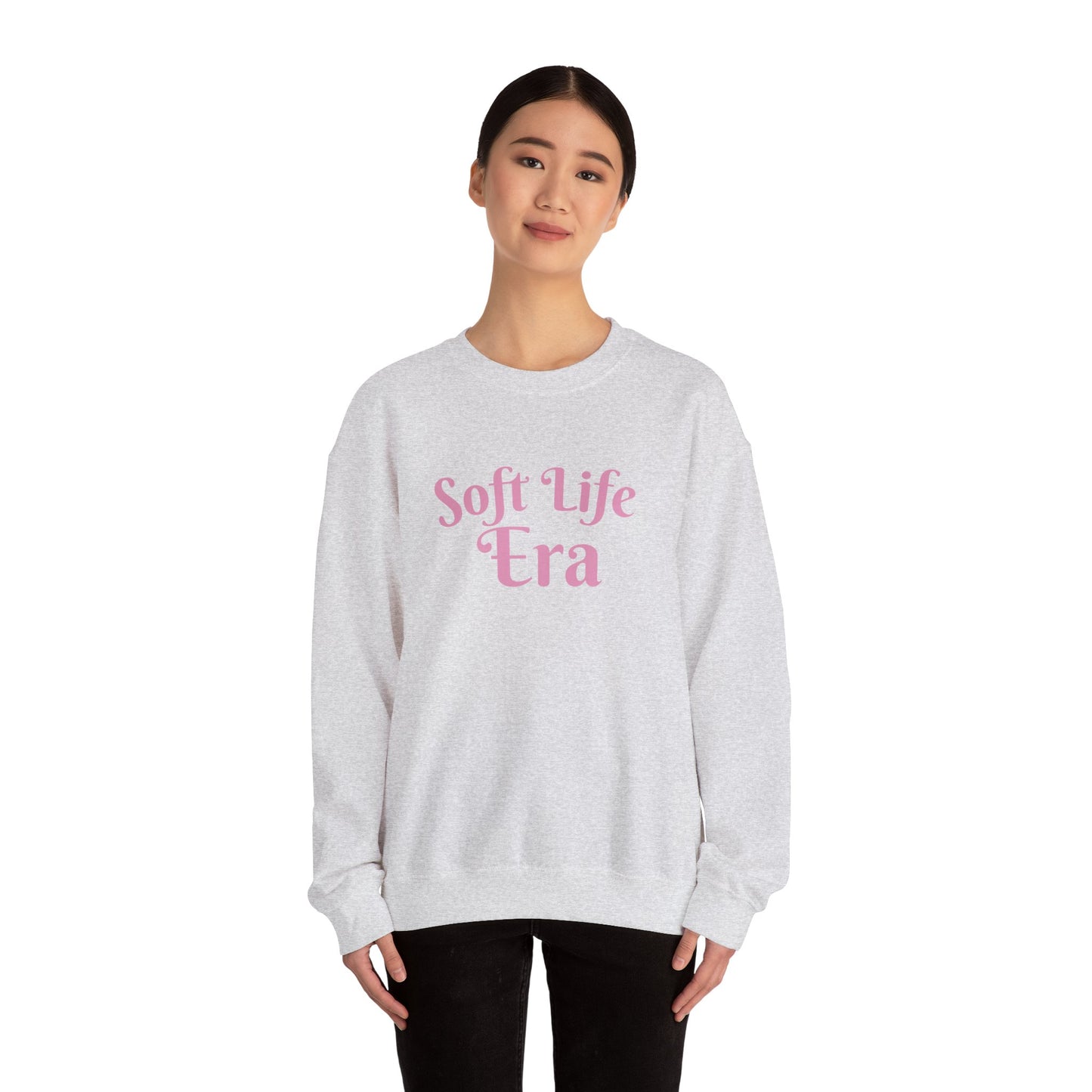 Soft Life Era Crewneck Sweatshirt — Cozy Pastel Pink Slogan Pullover
