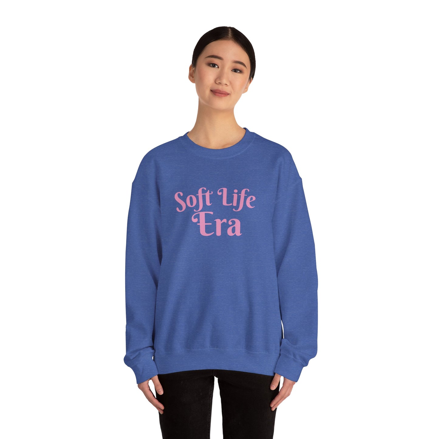 Soft Life Era Crewneck Sweatshirt — Cozy Pastel Pink Slogan Pullover