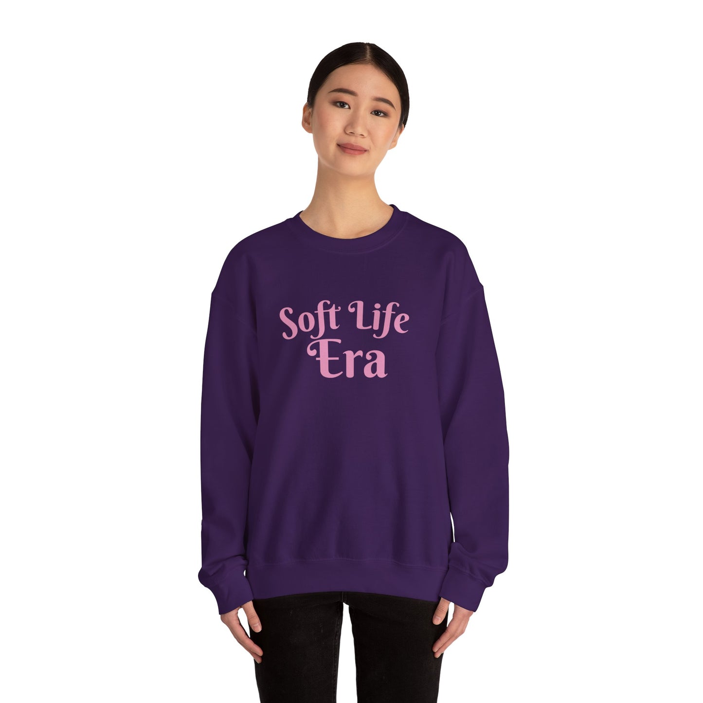 Soft Life Era Crewneck Sweatshirt — Cozy Pastel Pink Slogan Pullover