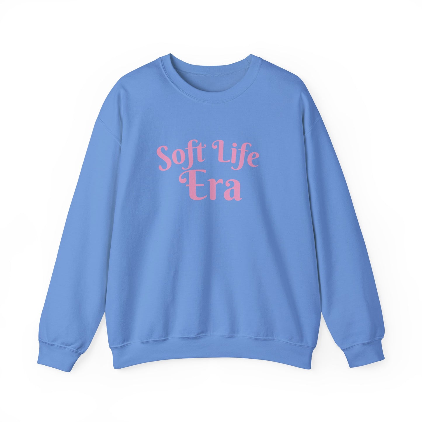 Soft Life Era Crewneck Sweatshirt — Cozy Pastel Pink Slogan Pullover