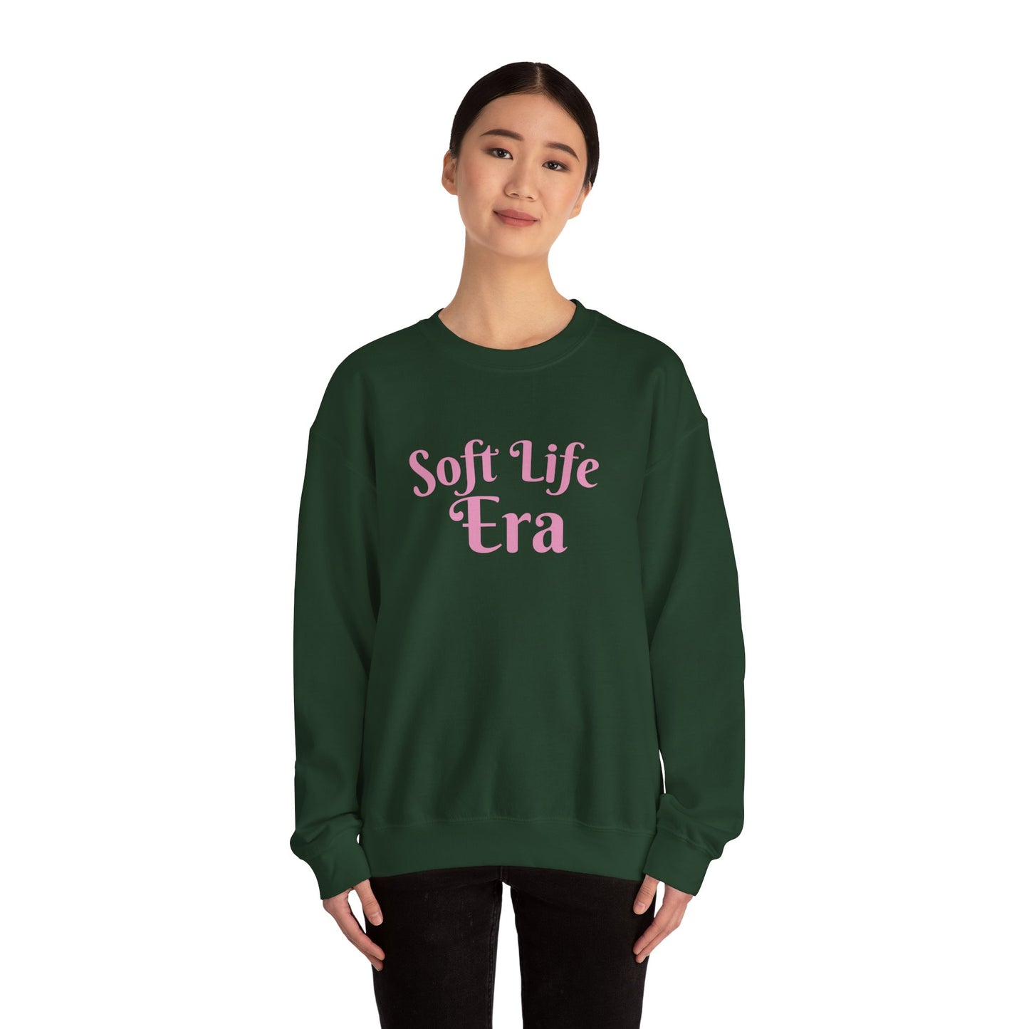 Soft Life Era Crewneck Sweatshirt — Cozy Pastel Pink Slogan Pullover