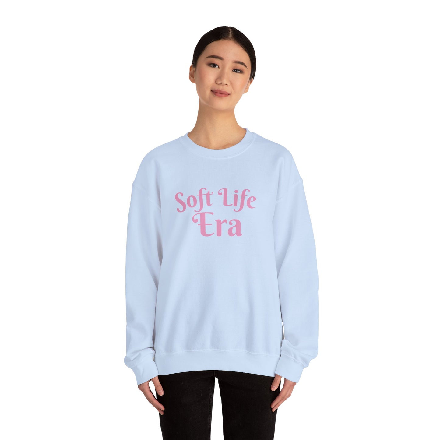 Soft Life Era Crewneck Sweatshirt — Cozy Pastel Pink Slogan Pullover