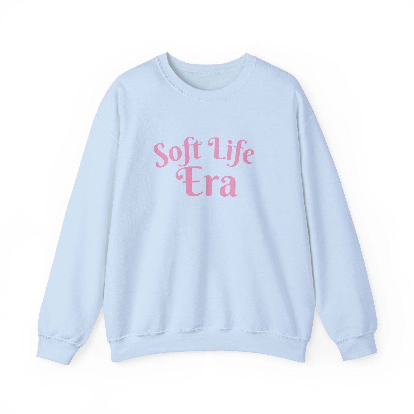 Soft Life Era Crewneck Sweatshirt — Cozy Pastel Pink Slogan Pullover