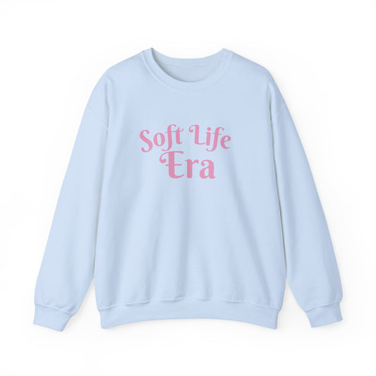 Soft Life Era Crewneck Sweatshirt — Cozy Pastel Pink Slogan Pullover