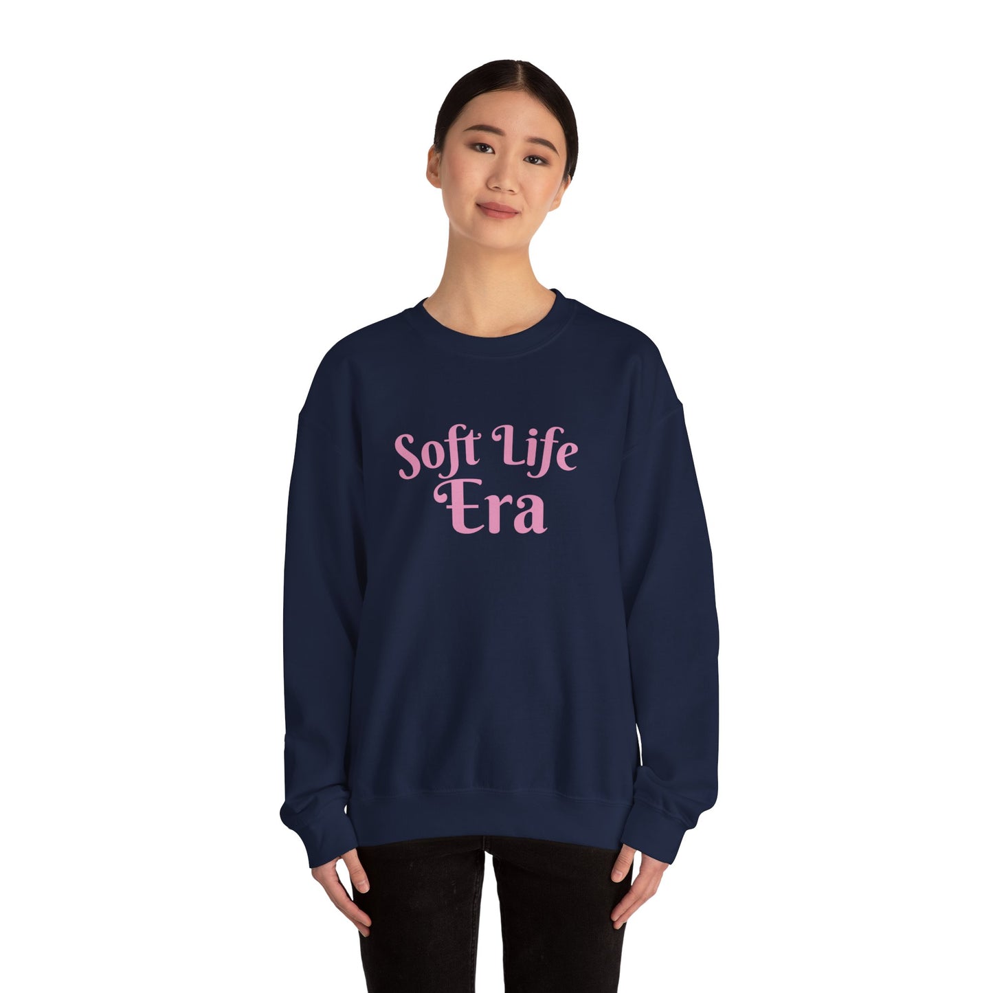 Soft Life Era Crewneck Sweatshirt — Cozy Pastel Pink Slogan Pullover