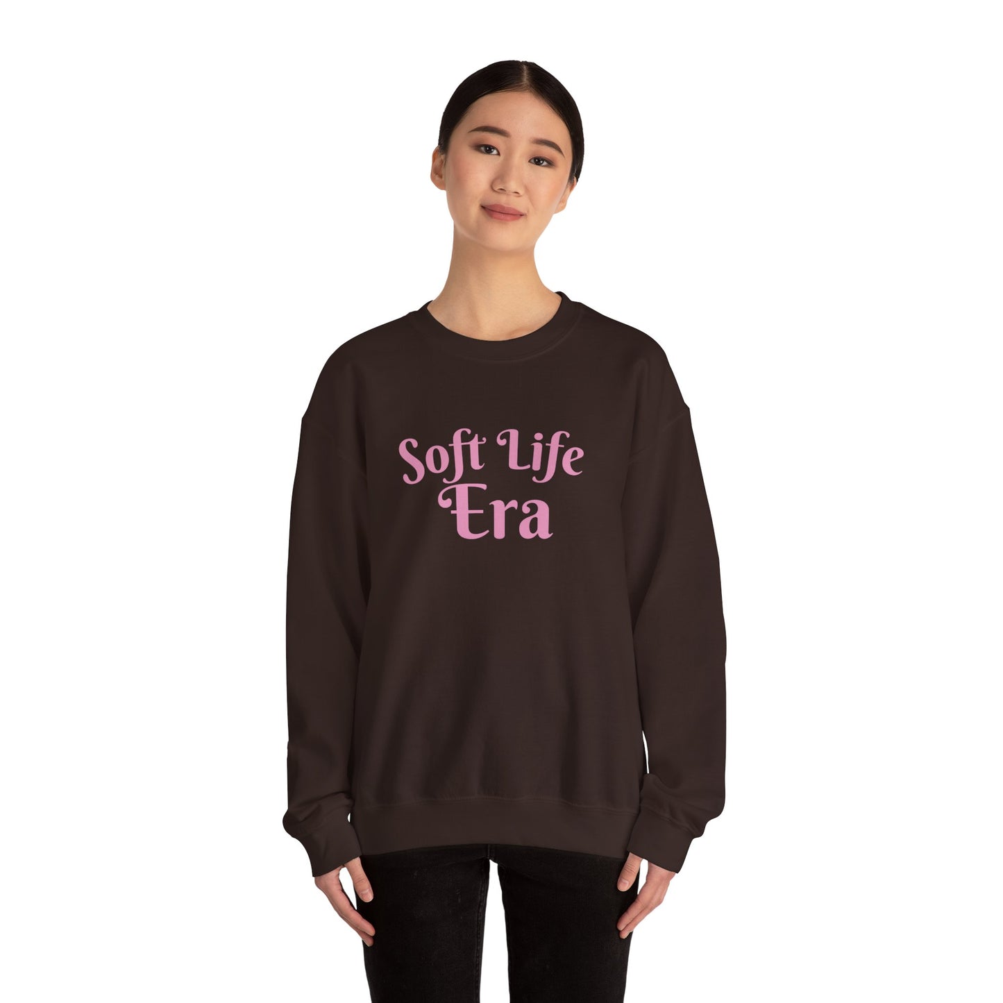 Soft Life Era Crewneck Sweatshirt — Cozy Pastel Pink Slogan Pullover