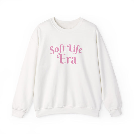 Soft Life Era Crewneck Sweatshirt — Cozy Pastel Pink Slogan Pullover