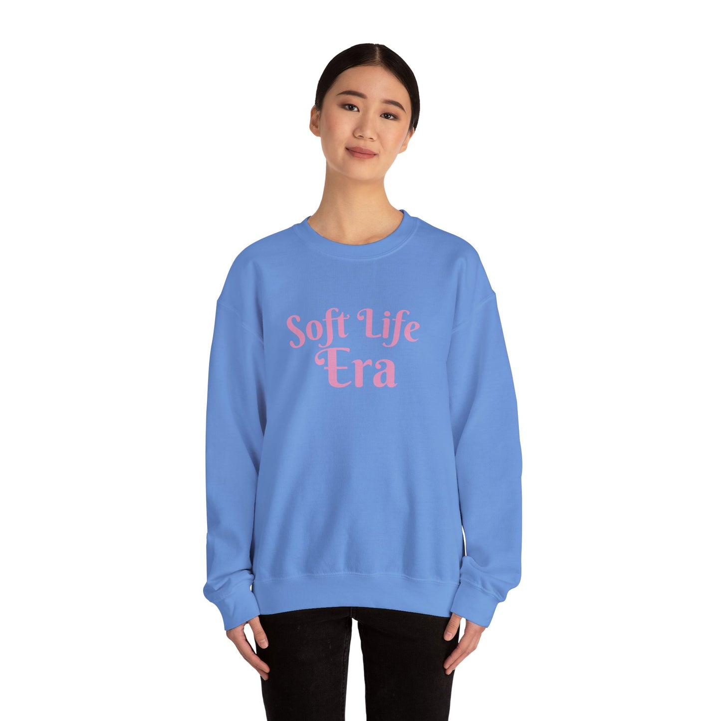 Soft Life Era Crewneck Sweatshirt — Cozy Pastel Pink Slogan Pullover
